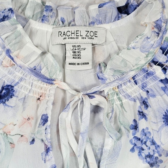 Rachel Zoe XS Floral Blouse Sheer Long Balloon Sleeve Ruffle Neck Tie Top Nwot - Picture 4 of 9